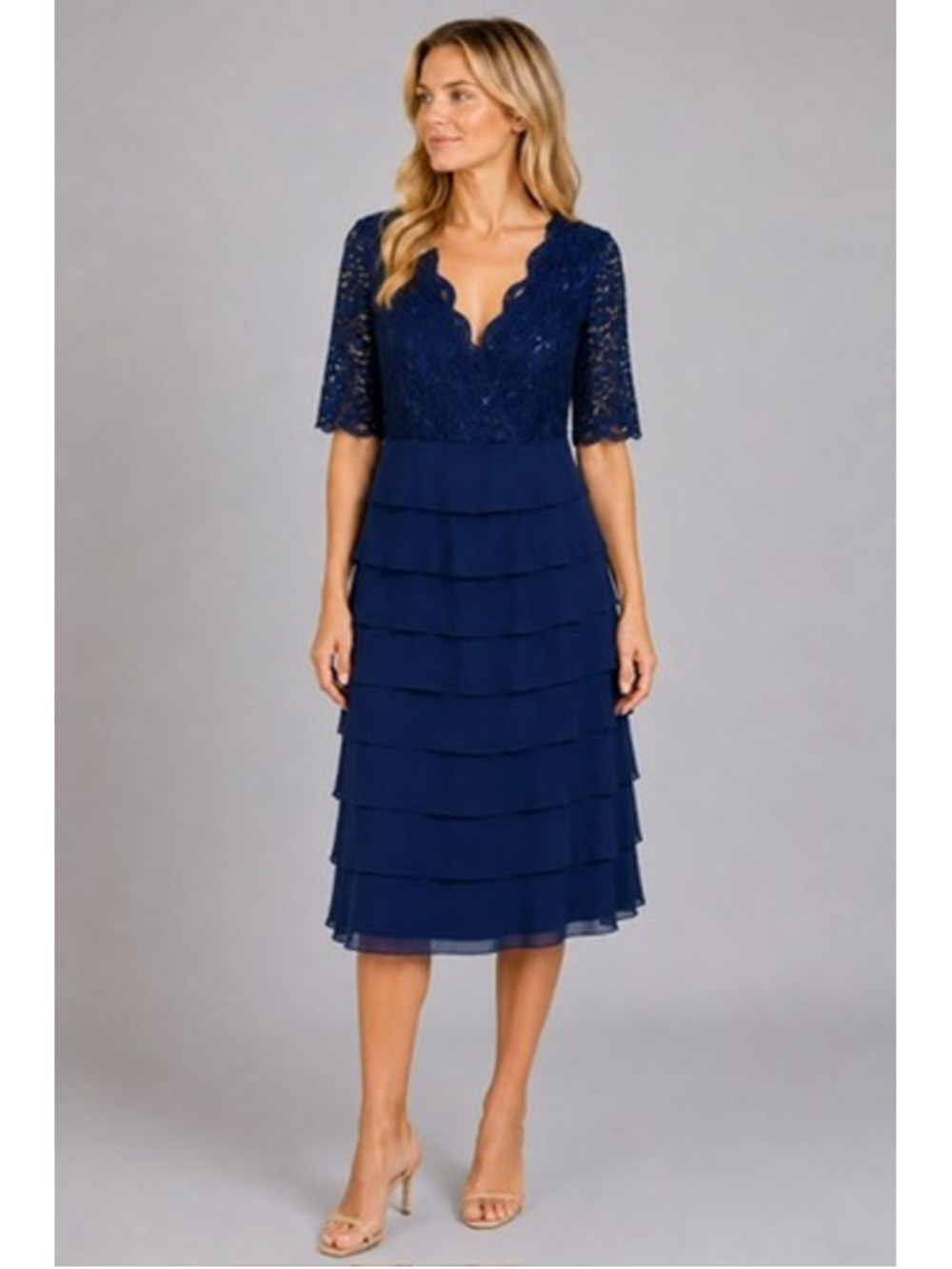 Alex Evenings Blue Cocktail Wedding Guest Tiered Ruffle Shutter Lace Dress 16W